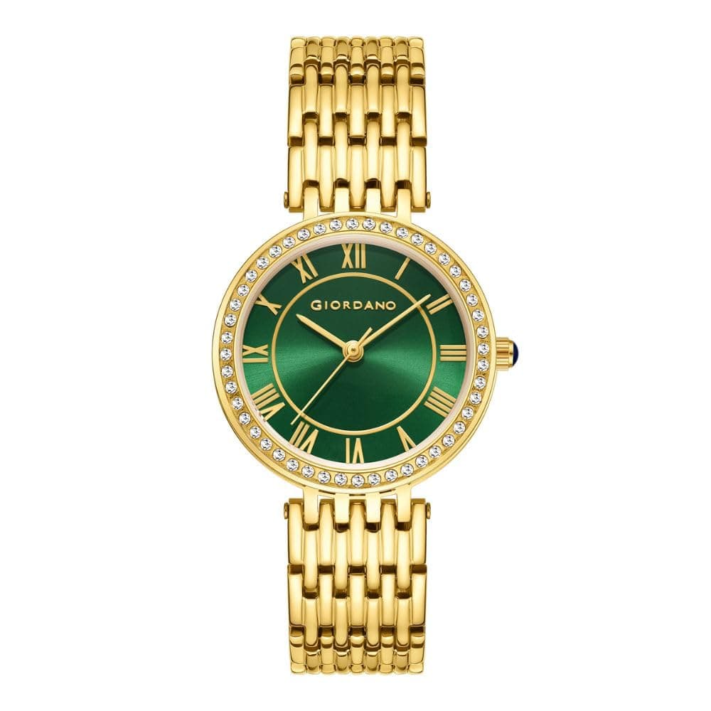 Giordano Eleganza Collection Round Analog Watch for Women, Diamond-Set with Metal Strap Ladies Water Resistant Wrist Watch - A2083 (Green)