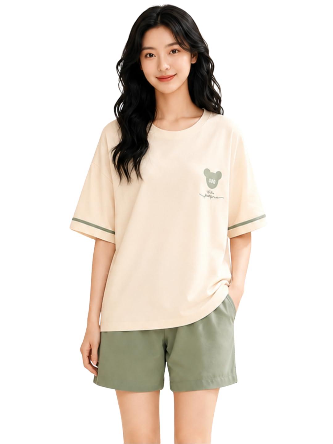 Celary Korean Women’s Pyjama Set|Cute Printed T-Shirt & Shorts Set|Soft Cotton Blend Women Night Suit Sleepwear| Shorts Set for Women