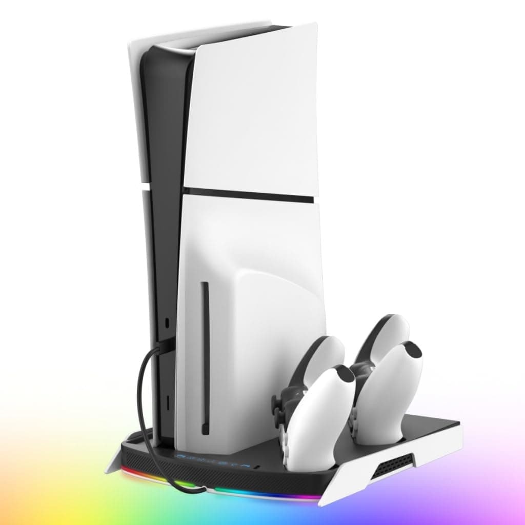 NiTHO PS5/PS5 Slim/PS5 Pro Cooling Station Stand, Docking Station with Built-in 3 Level Fan, RGB LED Lights, PS5/Edge Controller Dual Charging Station, Accessories for PlayStation 5 Console