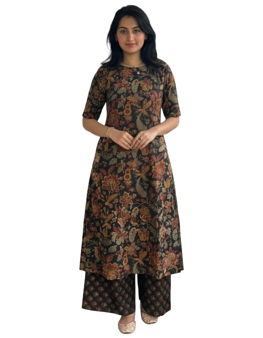 ANNI Designer Women's Viscose Blend Straight Printed Kurta with Palazzo (Vibhor Black_XL_Black_X-Large)