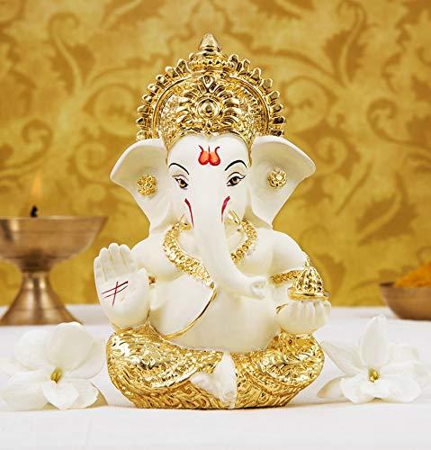 Gold Art India Ceramic Ganesh Idol for Car Dashboard Ganesha Murti Ganpati Idol for Home Decor Puja Lord Ganesh Statue Gift for Office Desk Puja Room Figurine 3.5 x 2 inch,1 Idol