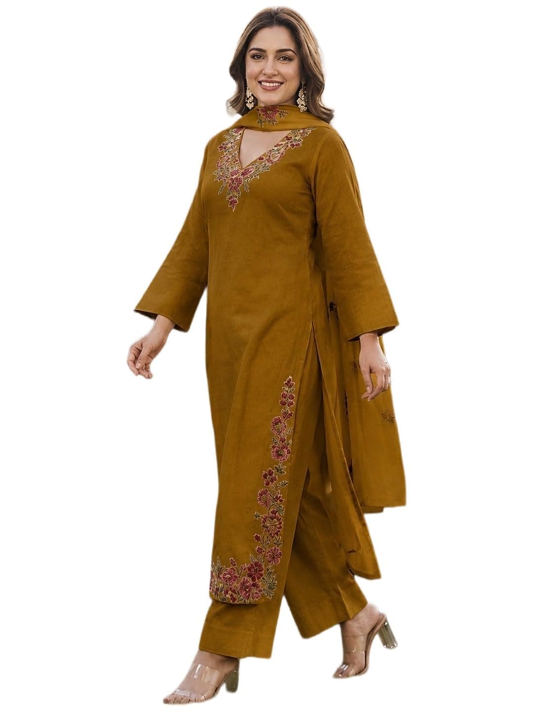 ANNI DESIGNER Women's Viscose Blend Straight Embroidered Kurta with Palazzo and Dupatta (MUKTA Mustard_L_Mustard_Large)