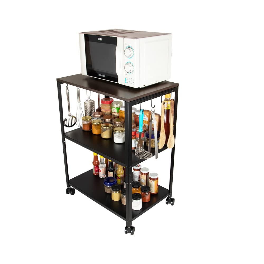 DECOWORLD || 3 Tier Premium Microwave & OTG Stand Carbon Steel || Mutiple Platforms for Extra Storage with Hooks and Wheels|| Kitchen Oven Rack