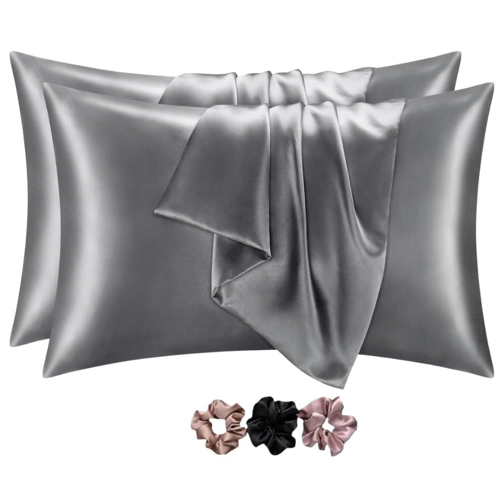 GO WELL Solid Satin Silk Pillow Covers Pack of 2 for Hair and Skin-with Satin Scrunchies |Satin Pillow coves for Hair and Skin|scrunchies for Women 3-Piece|Silk Pillow case (Dark Grey)