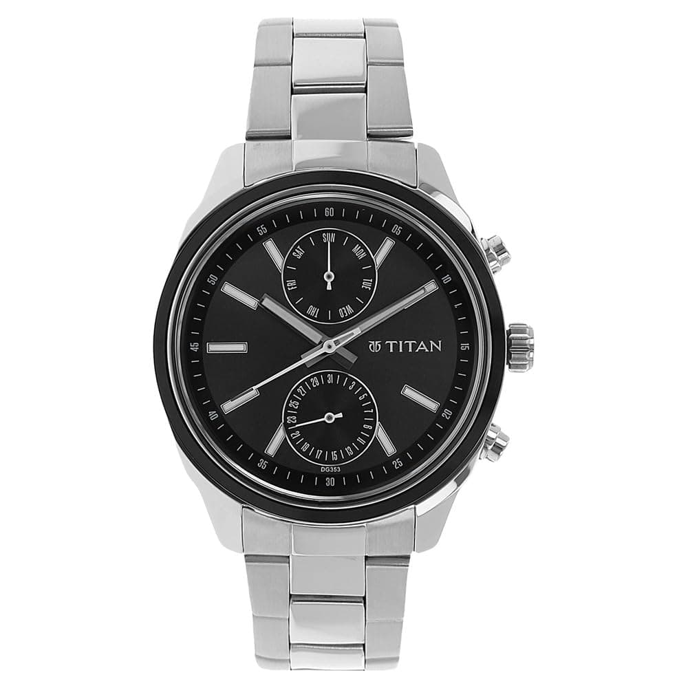 Titan Men's Metropolitan Luxe: Multifunction dark grey Dial with Two-Tone Stainless Steel Bracelet Watch-NS1733KM01