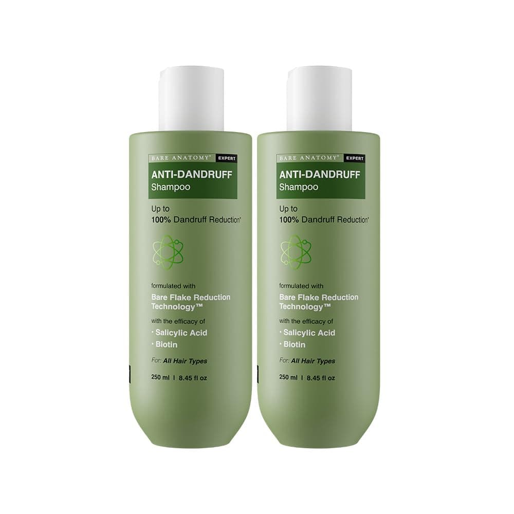 Bare Anatomy Anti-Dandruff Shampoo | Up To 100% Dandruff Reduction | ZPTO-Free | pH 5.3 | Salicylic Acid, Piroctone Olamine, Biotin & Menthol | Non-Drying Formula | Suitable for Men & Women | 250 ml (pack of 2)
