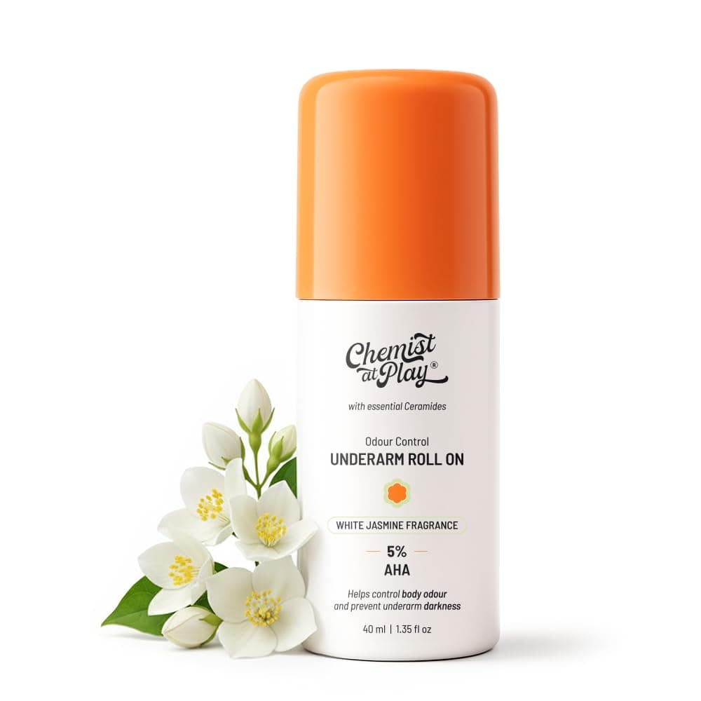 Chemist At Play UnderArm Roll On Deodorant with 5% AHA, Lactic Acid & 1% Mandelic Acid | Prevents Body Odour & Fades Pigmentation | 0% Aluminium & 0% Alcohol | White Jasmine Fragrance | 40ml