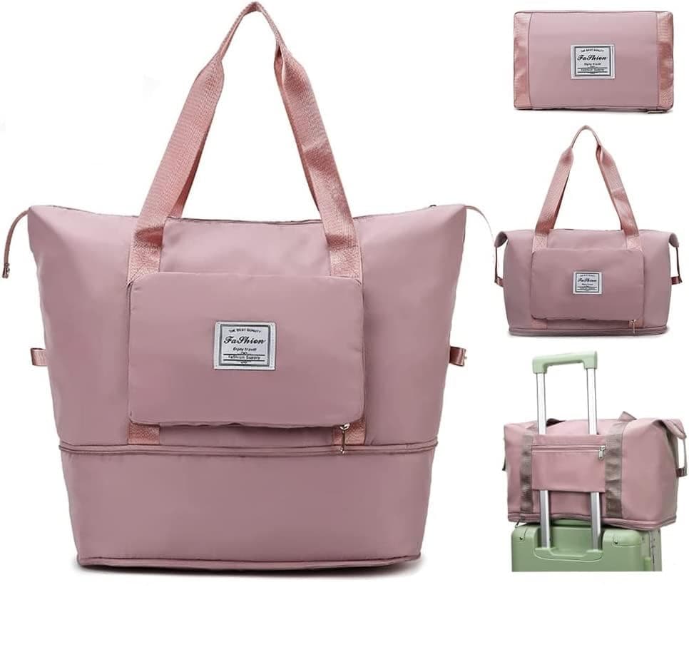 Cherryland Oxford Fabric Large Capacity Travel Bag, Foldable Travel Bag, Expandable Travel Duffel Bag, Collapsible Waterproof Large Capacity Travel Handbag, Overnight Bag for Women, Dull Pink