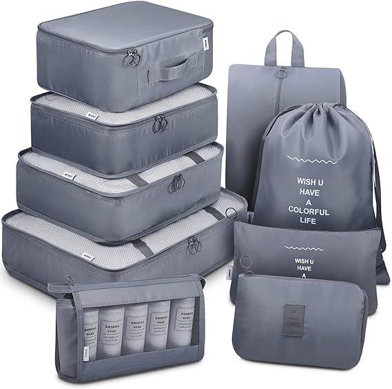 Avenux 9pcs Set Travel Organizer Packing Cubes Lightweight Travel Luggage Organizers with Laundry Bag or Toiletry Bag Laundry Organiser (Grey, 9 PCS)