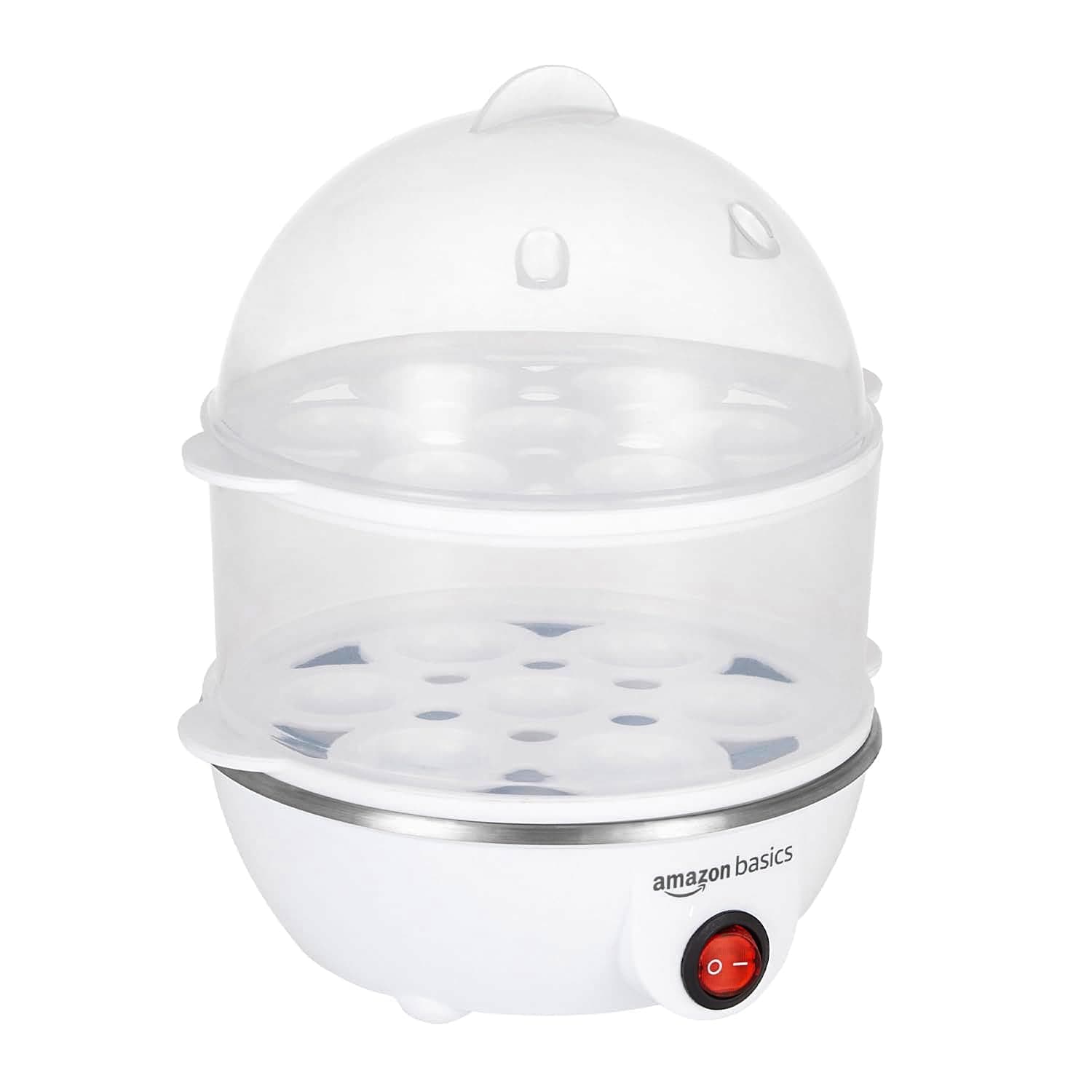 amazon basics Double Decker Egg Boiler | 350 Watt | Boils Upto 14 Eggs | 3 Boiling Modes, Overheat Protection | Stainless Steel Heating Plate, Measuring Cup | 500 ml | Durable | Plastic | White