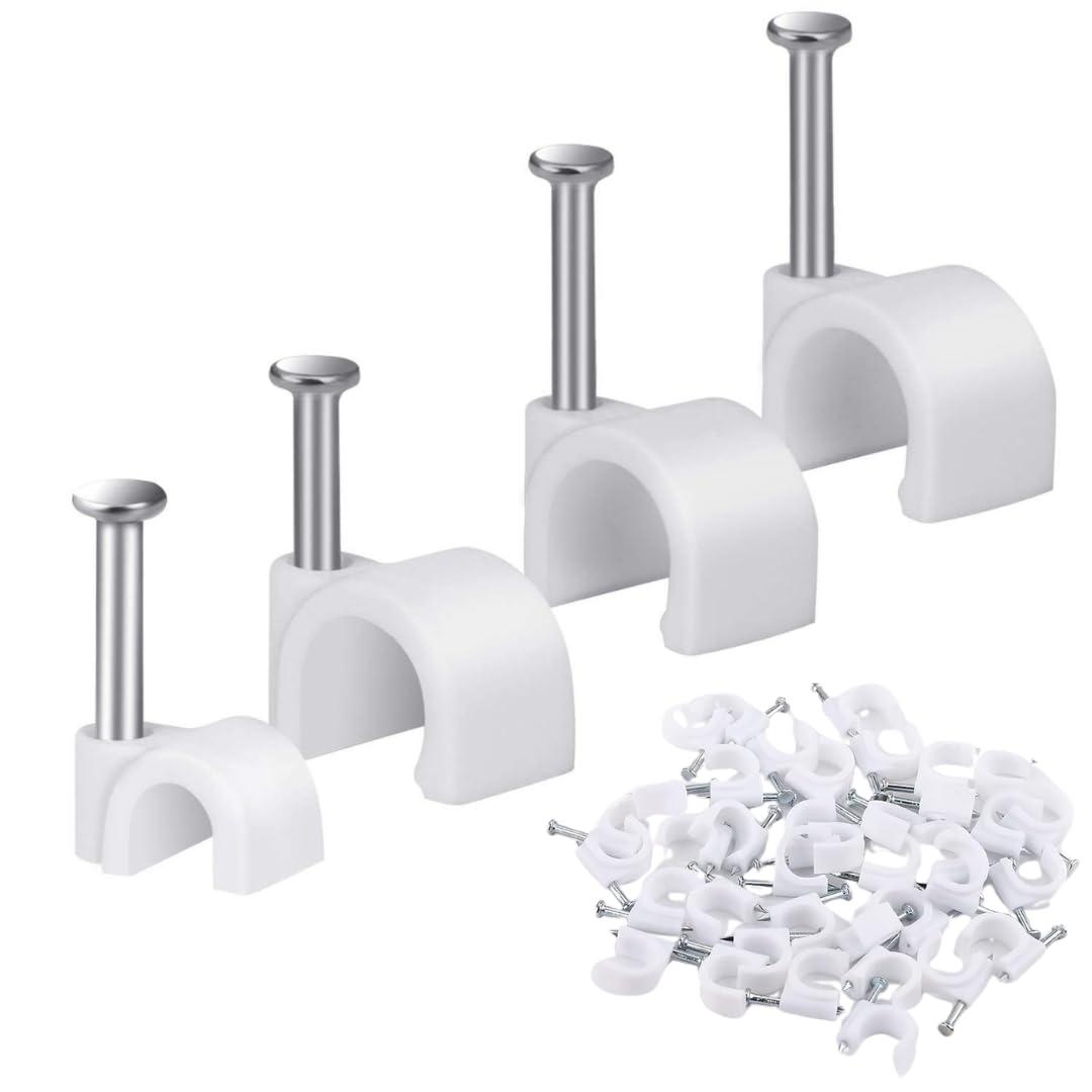 Hi-PLASST Cable Clips (4mm + 6mm + 8mm +12mm) 200pcs Combo Wire Fastener Wall Pins with Metal Nails for Cable Management, Cord Organizer, Round Wire Clamps for Hanging Cables Fitting on wall