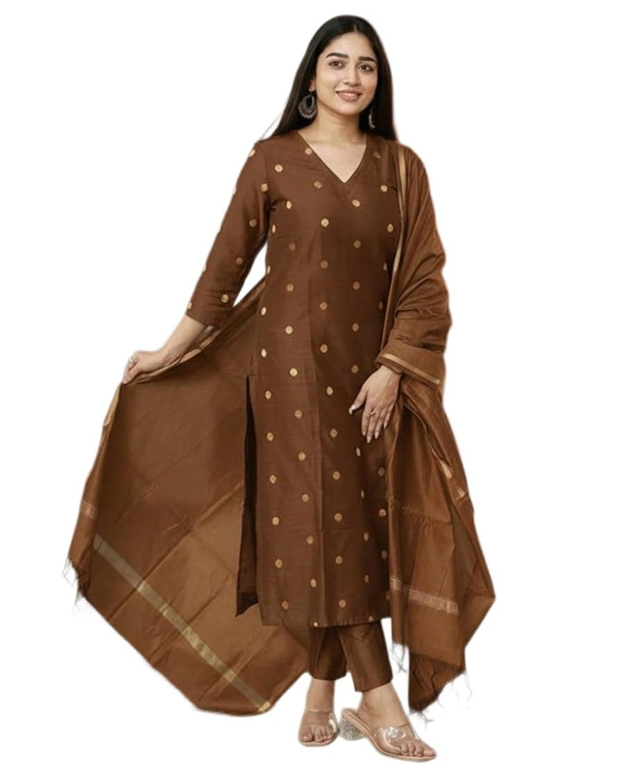 GoSriKi Women's Rayon Viscose Printed Straight Kurta with Pant & Dupatta (SDF BROWN-VKS01-GS_XL_Brown_X-Large)