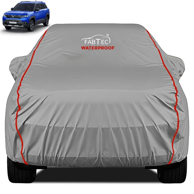 FABTEC Waterproof Premium Car Cover for Maruti Brezza Super Waterproof Car Body Cover Heavy Duty Durable PEVA Grey with Red Piping