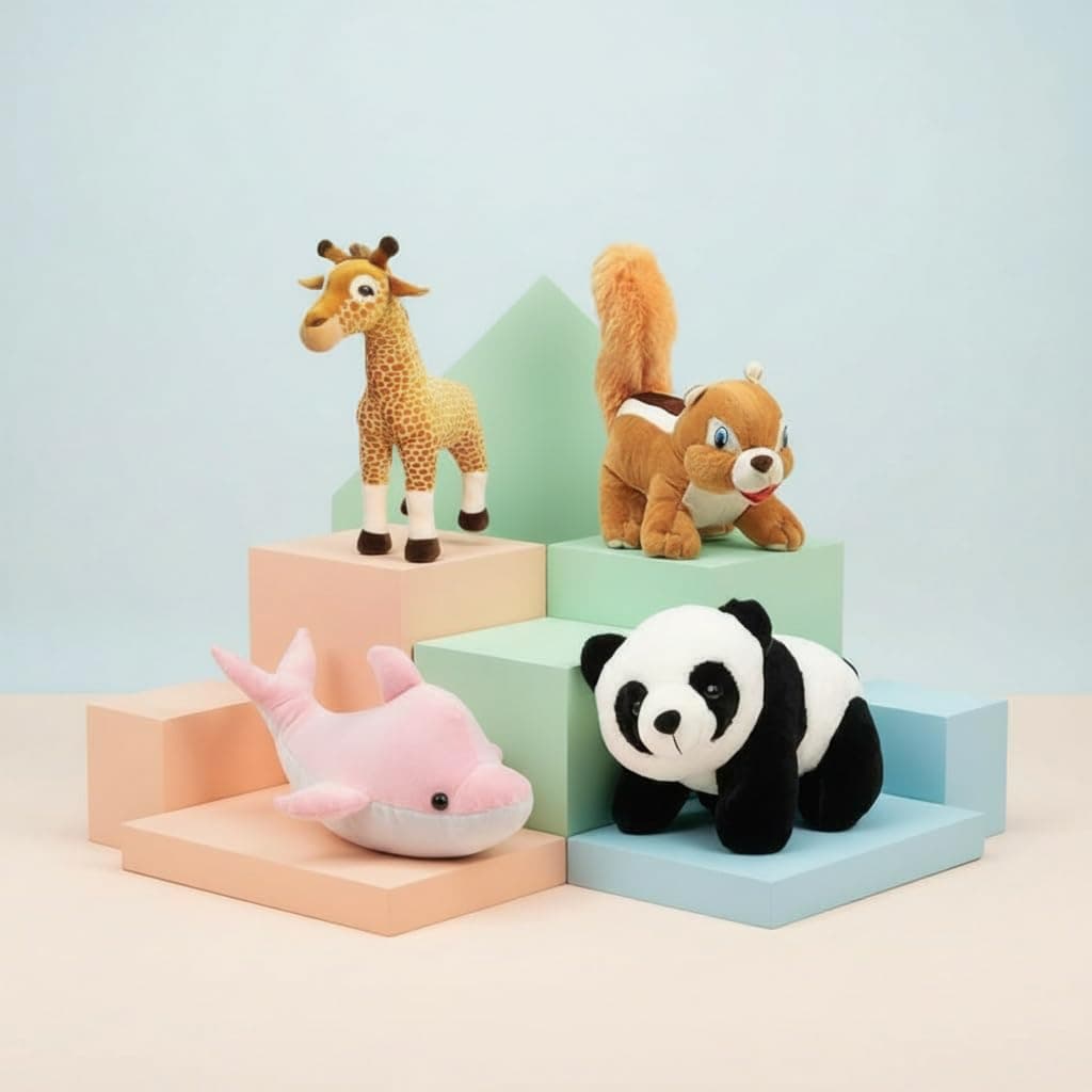 Future Shop Pack of 4 Panda, Squirrel, Griffe & Pink Dolphine. Best Soft Combo Toys Toy for Cute Kids Baby Boys/Girls Animal Stuffed Plush Toy Teddy Bear for Kids.