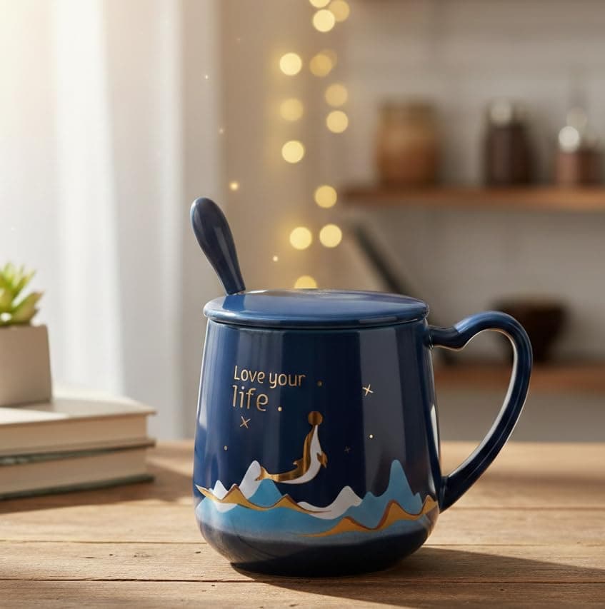 NYRWANA Coffee Mug, Birthday Gifts for Women, Mugs for Present, Rakshabandhan Gift for Brother & Sister, Ceramic Mug, Cute Coffee Mugs, Love Your Life Mug with Lid & Spoon (420ml - Blue)