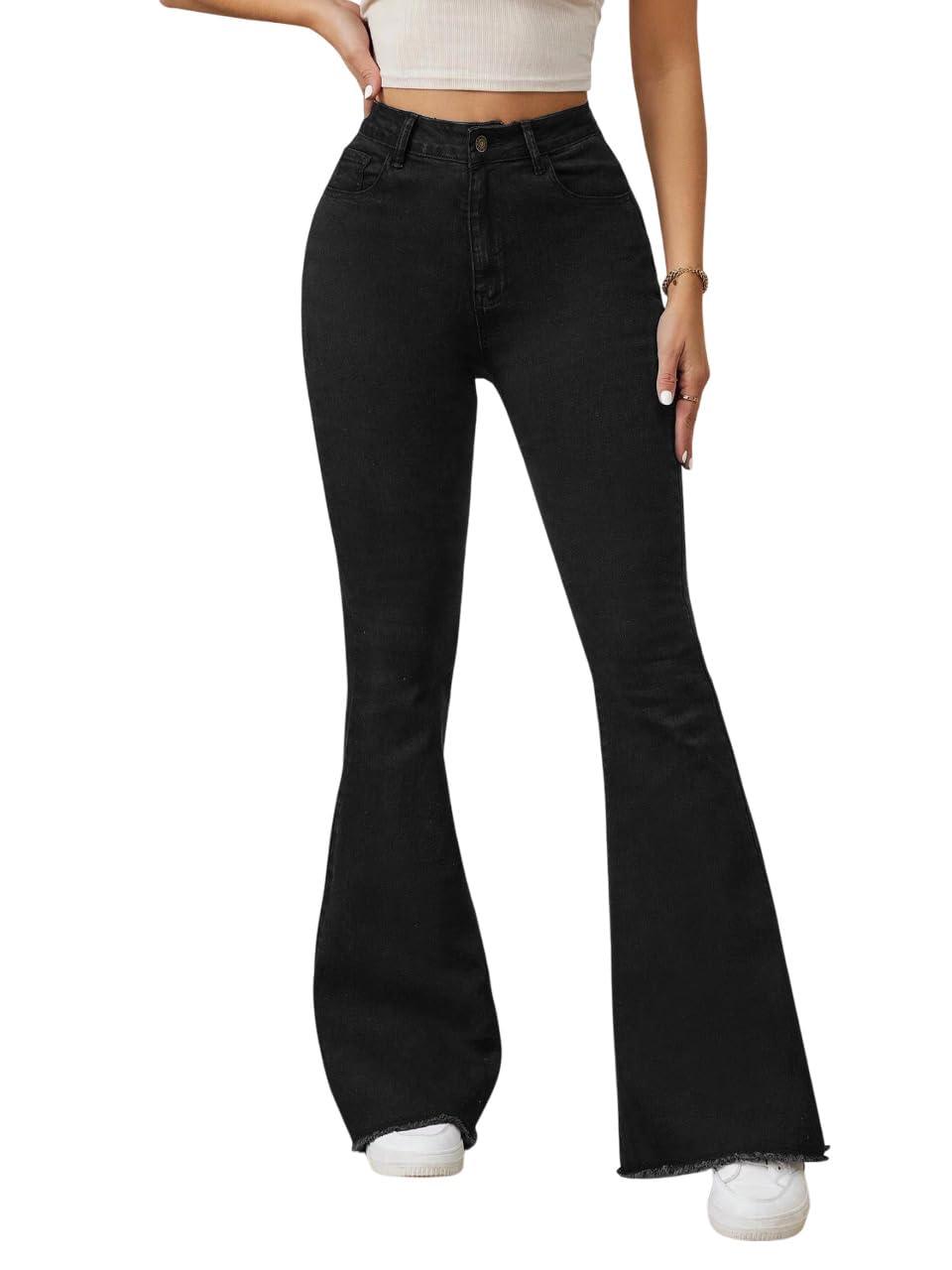 KOTTY Women's Solid Stretchable Matt Black Fit and Flared Jeans(Black,L)-KTTLADIESJEANS3097L