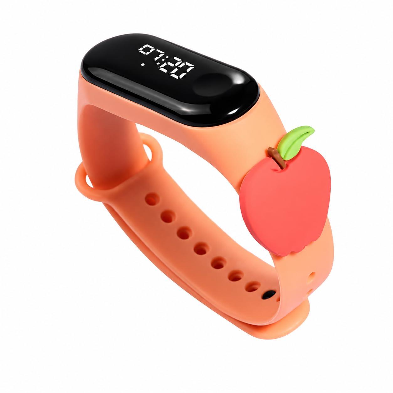 KIDDICINE Kids Digital LED Watch for Boys & Girls Waterproof Cartoon Character Wrist Watch with Adjustable Soft Silicone Band Cute Fashion Electronic Watch for Children (Peach Apple)