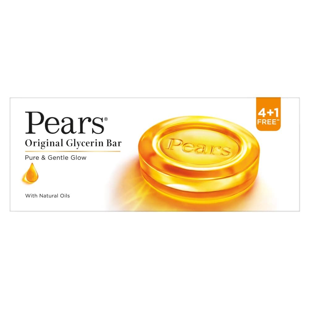 Pears Original Glycerin Soap Bar - Pure & Gentle Glow | With 98% Pure Glycerin | For Hydration & Glow | With Plant Based Cleanser for Skin & Body | Paraben-free | 125gms x 5