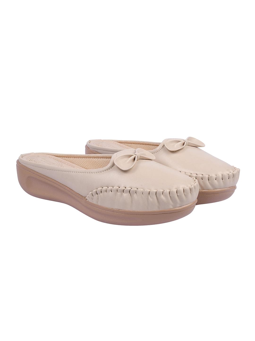 Shoetopia Stylish Comfortable Upper Bow Detailed Cream Slip-On Loafers for Girls-EU40