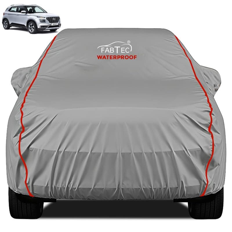 FABTEC Waterproof Premium Car Cover for Hyundai Venue Super Waterproof Car Body Cover Heavy Duty Durable PEVA Grey with Red Piping