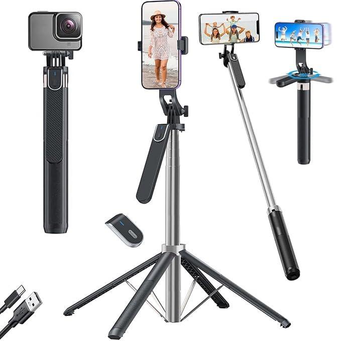 Kratos CT 65" Selfie Stick Tripod with Reinforced 4-Leg Tripod Stand Comes with 360° Rotatable Handle for Panoramic Shots with Detachable BT. Ultimate Stability for Smartphones, Ring Lights