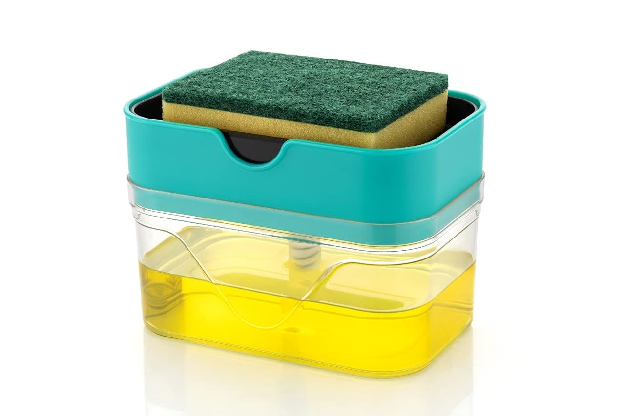 SKORTIX 2 in 1 Plastic Soap Dispenser with Sponge Holder, Dispenser Soap Pump, Liquid Dish wash Dispenser Set Cleaning, Sink Dishwasher Liquid, Gel, Shampoo.