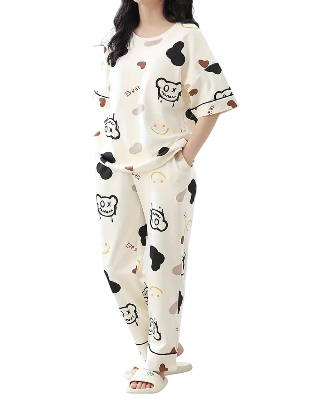 Louis Luxe Womens Korean Night Dress || Full Pyjama Set ||Korean Nightsuit || Women Nightwear ||Round Neck Full Sleeve Nightsuit || Loungewear || Everyday Nightdress (ND-10-CREAM-XL)