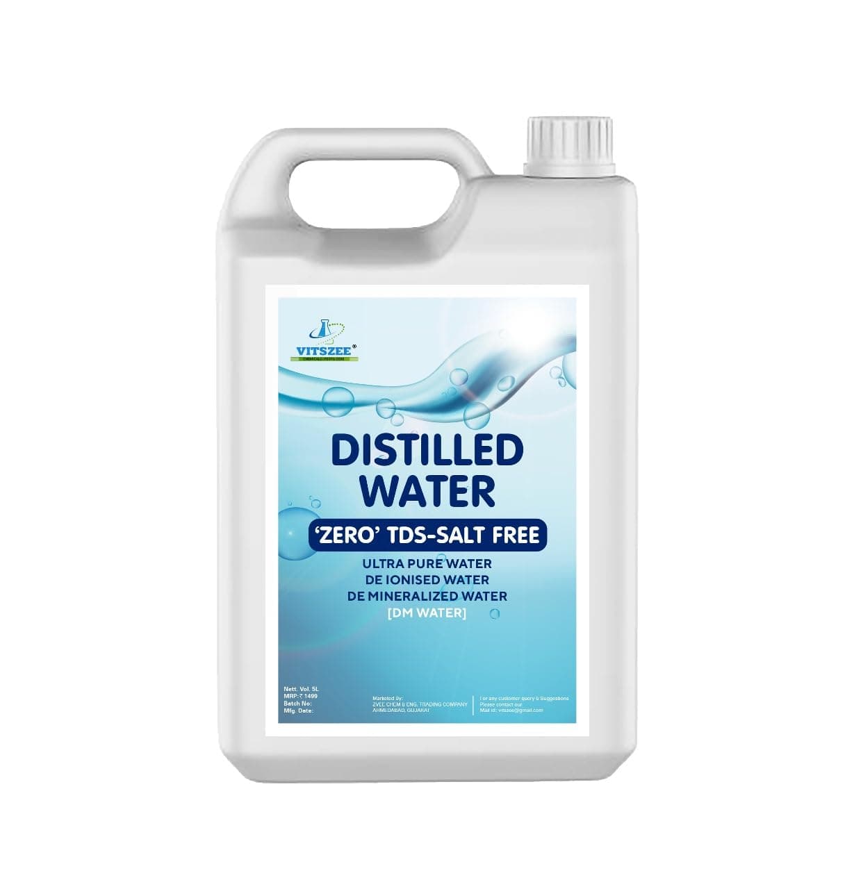 VITSZEE Ultra Pure Distilled Water 5 Litre | Zero TDS Deionized Demineralized (DM) Water | Battery, Inverter, Steam Iron, Lab & Autoclaving, Reagent water, Humidifier Use | Chemical-Free Water