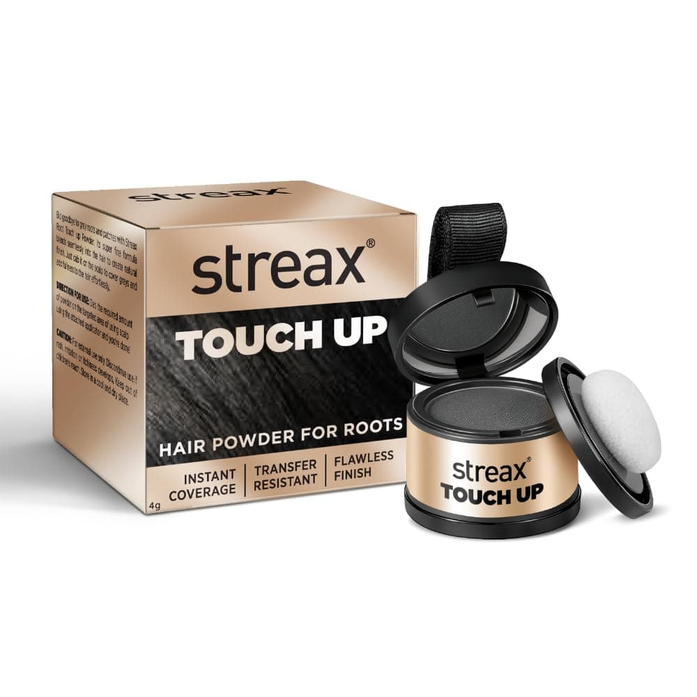 Streax Hair Root Touch Up for Grey Hair, Black – 4gm | Hair Cover Up Powder I Covers Grey Hair & Bald Patches | Instant Hair Colour Touch Up, Beard touch up for men