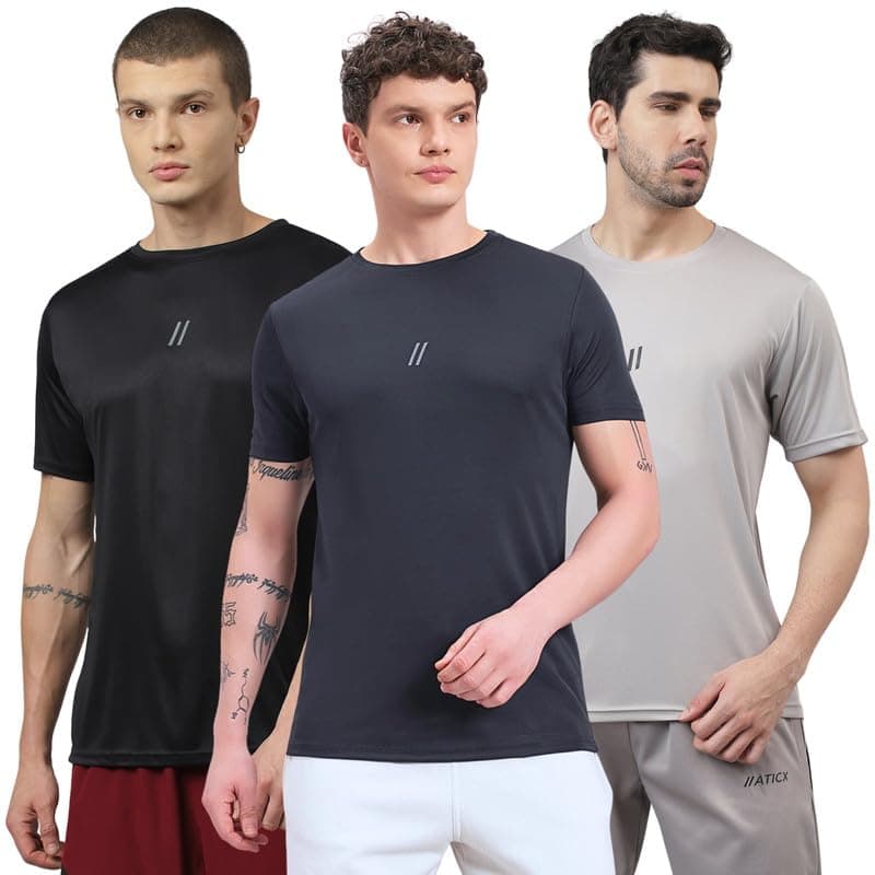 ATICX Slim Fit Pack of 3 Polyester Sports T-Shirts for Men - Round Neck Quick Dry Half Sleeve Breathable Stylish Gym & Workout Combo for Running, Cycling, Swimming, Black, Grey & Dark Grey, 3XL