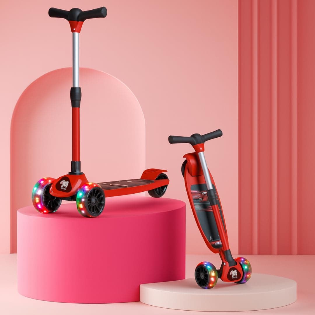 Storio Twister Kick Scooter with Adjustable Height | Foldable | Skate Ride for Kids with PVC Wheels | Age 2–12 Years | Max User Weight 60 kg – Red-Black