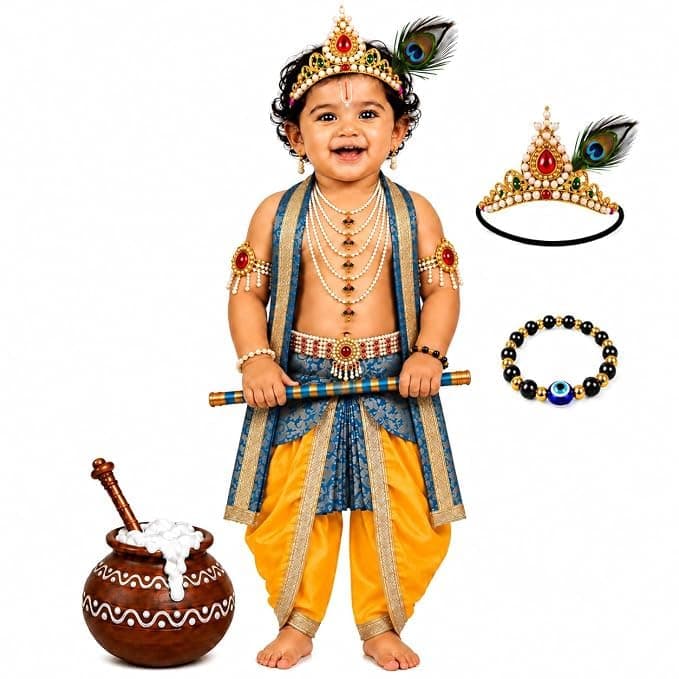 CHIKLOO Krishna Costume for Kids Boys | Bal Gopal Kanha Janmashtami Fancy Dress Outfit with Mukut | Traditional Krishna Dress for School Function, Festival, Stage Performance, Events & Photoshoot