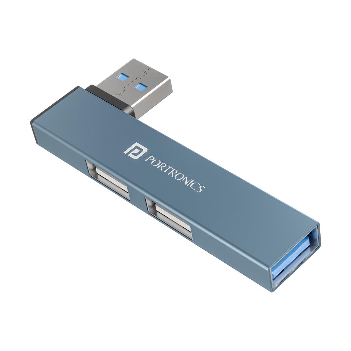Portronics Mport Mino A USB 3.0 Hub Dock (3-in-1) with USB 3.0 SuperSpeed, Compact L-Shape Design, 2-Port USB 2.0 High-Speed, USB Plug, Metal Alloy Body, for Laptop, PC, Mac (Grey)
