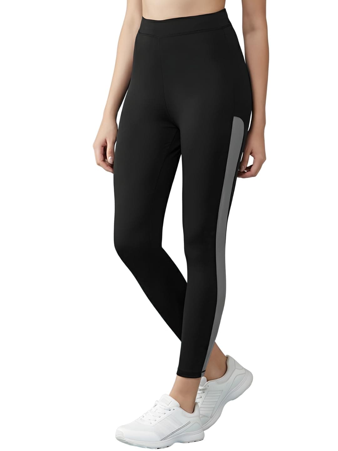 BLINKIN Stretchable Gym Tights & Leggings for Women Workout, High Waist, Tummy Control & Squat Proof Active Wear Yoga Pants (9150_Color_Black with Grey Stripes,Size_L)