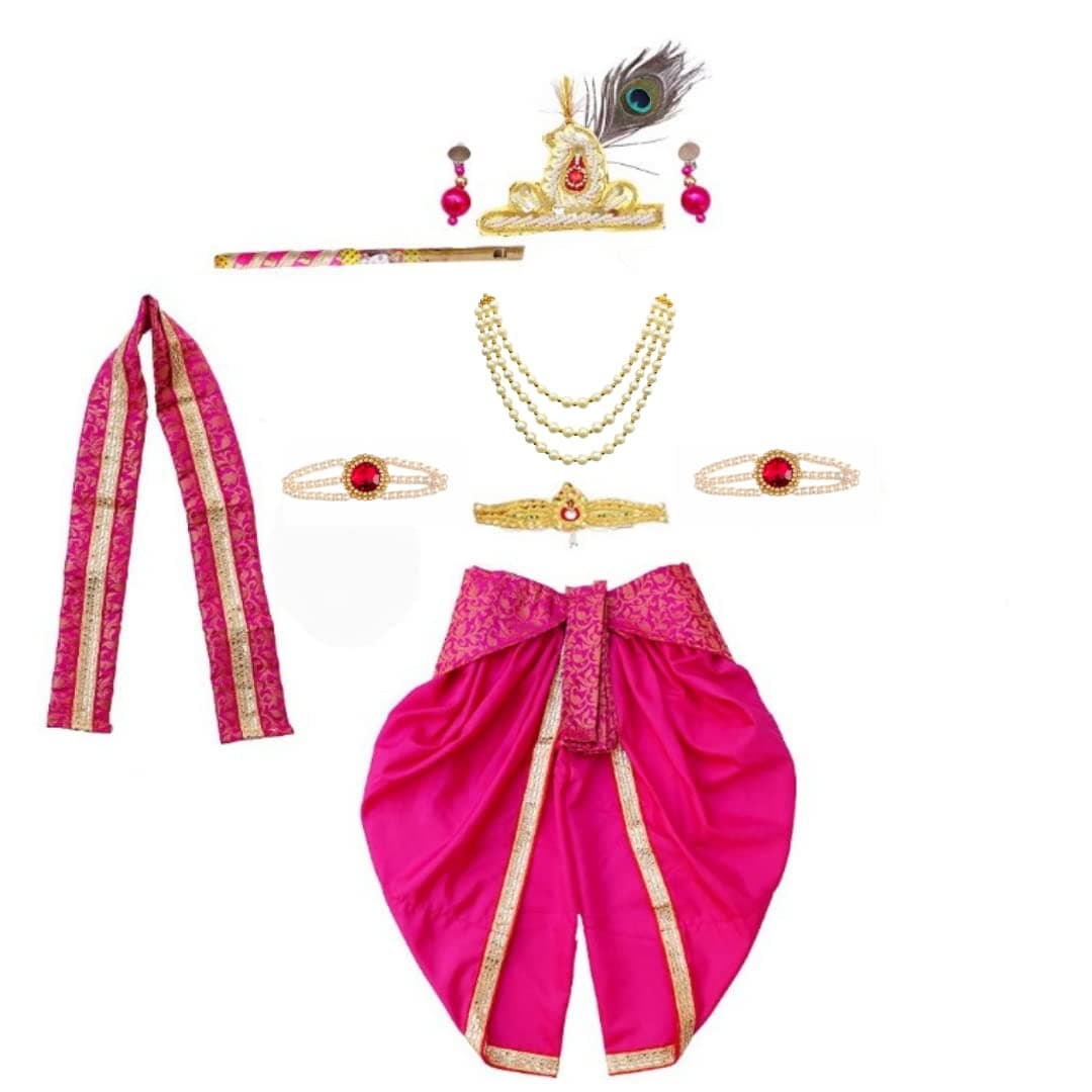 ITSMYCOSTUME Krishna Dress for Baby Boy Kids Set of 10(Dhoti,Patka,Hip Cover,Mukut,Morpankh,Bansuri,Kamarband,Bajuband,Kundal) Little Krishna Ji Kanha Janmasthmi Costume for Kids(Magenta)