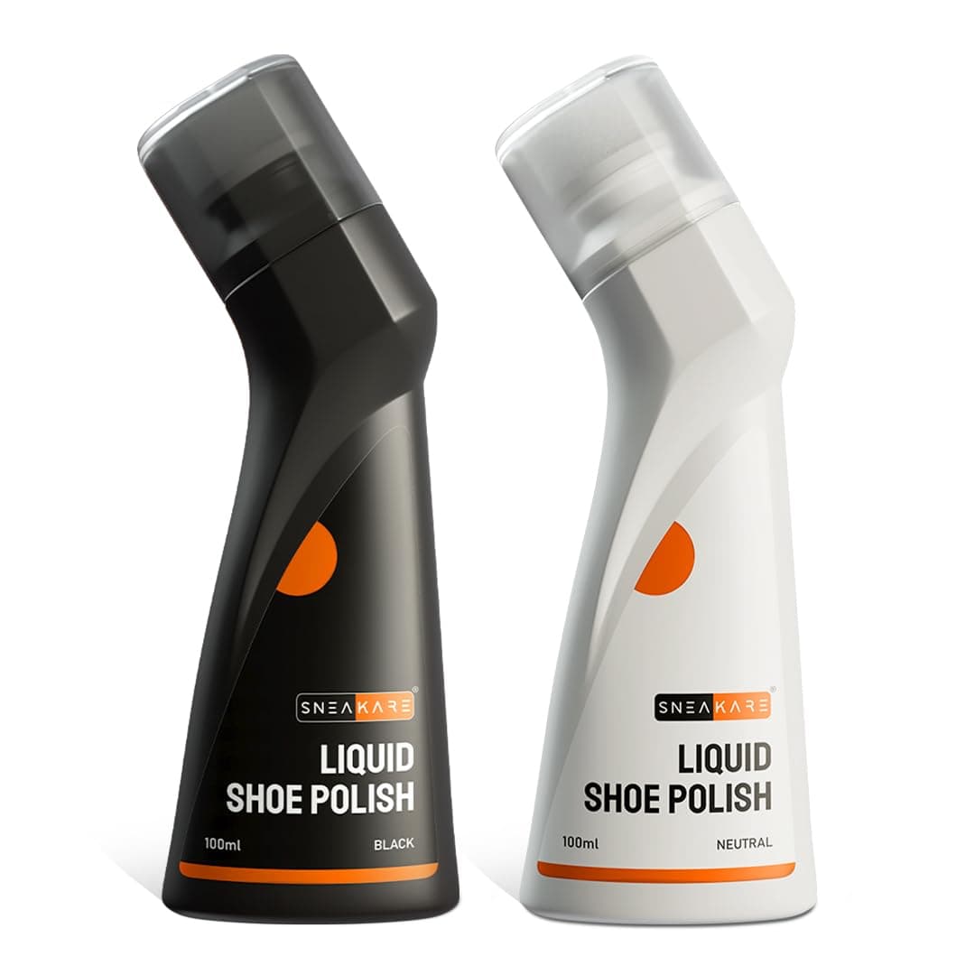 SNEAKARE Liquid Shoe Polish, 100 ml – Water-Based Formula with Spill-Proof Applicator (Pack Of 2, Black And Neutral)