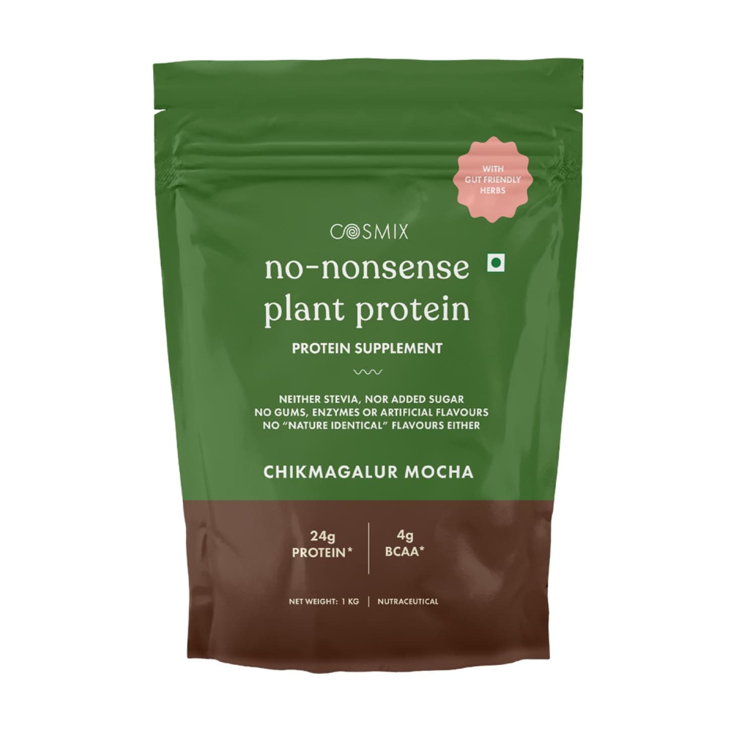 Cosmix No-Nonsense Plant Protein | 24 Protein/Serve, 1Kg Pouch | Chikamagalur Mocha (Coffee) | Plant Based Protein, Pea & Rice Isolate | Clean, Easy to Digest | All Essential Amino Acids