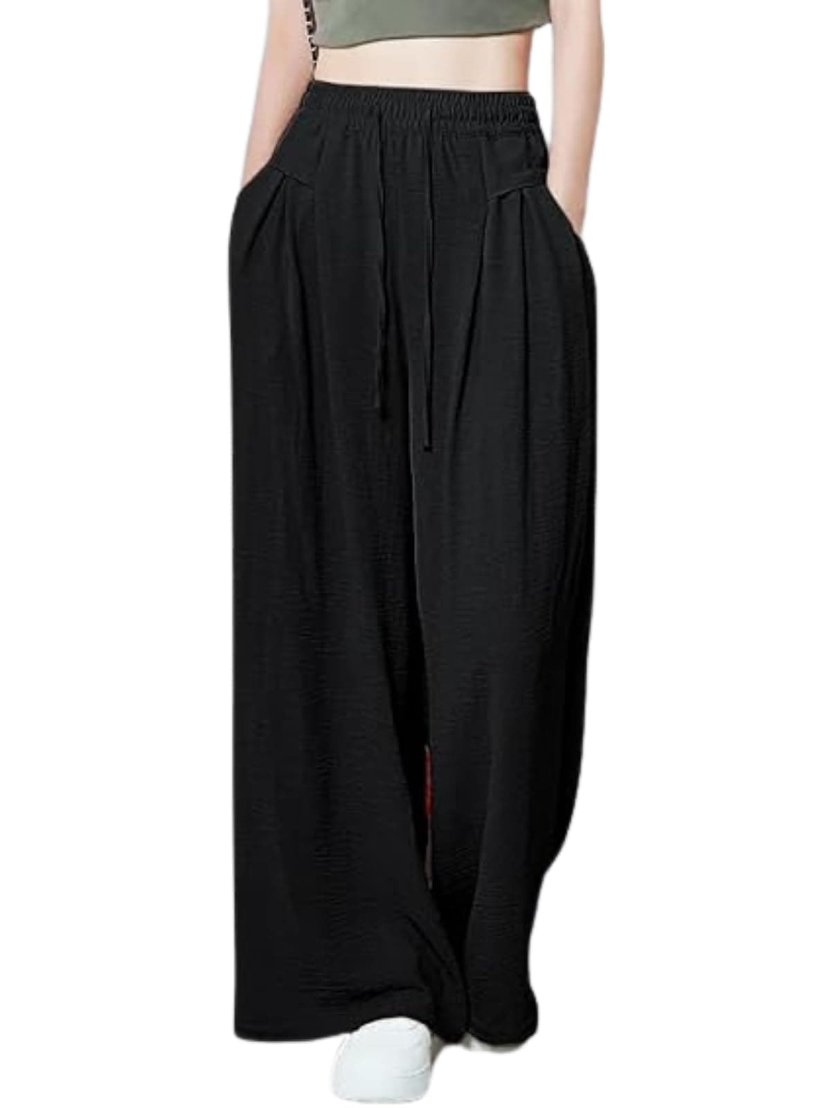 GRECIILOOKS Women's Loose High Rise Textured Trousers | High-Waisted Pant | Korean Trousars Black