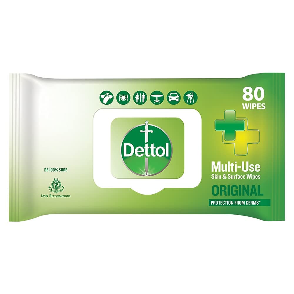 Dettol Disinfectant Sanitizer Wet Wipes For Skin & Surfaces , Original 80 Count| Moisture-Lock Lid | Safe On Skin | Ideal To Clean Surfaces