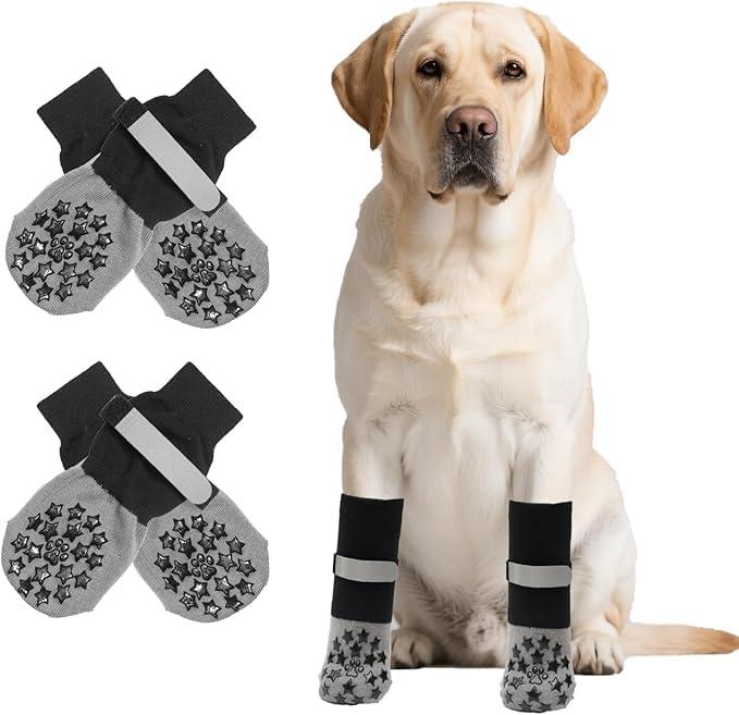 KUTKUT Anti Slip Dog Sock to Prevent Licking Paws for Hardwood Floors, Boots & Paw Protector Socks for Hot/Cold Pavement with Grippers, Double Sides Grips for Medium Senior Dogs(SIZE: L: L*W: 18*7cm)