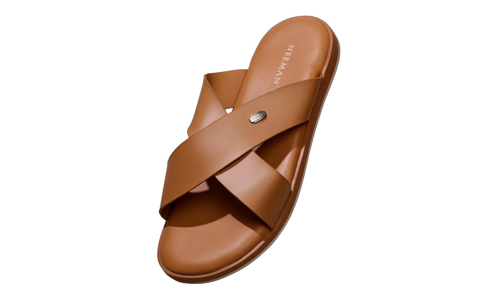 Neeman's The Minimals Cross Strap Casual Sandals for Men | Stylish Faux Leather Slippers with Cushioned Footbed | Lightweight, Durable & High-Traction TPR Outsole for Outdoor Wear Tan