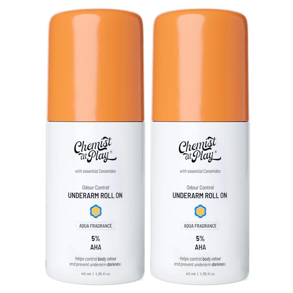Chemist At Play UnderArm Roll On Deodorant with 5% AHA, Lactic Acid & 1% Mandelic Acid | Prevents Body Odour & Fades Pigmentation | 0% Aluminium & 0% Alcohol | Aqua Fragrance | 40ml - Pack of 2