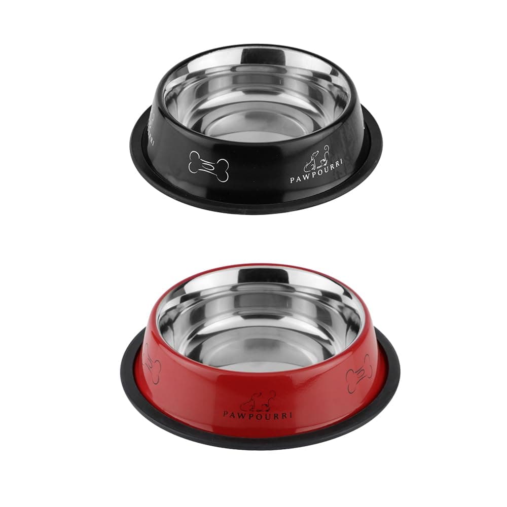 PAWPOURRI Combo of Anti-Skid Feeding Bowls for Dogs, Cats & Puppy Pet Bowl Pack 2 Stainless Steel Pet Bowl (700 ml Each, Black & Red)