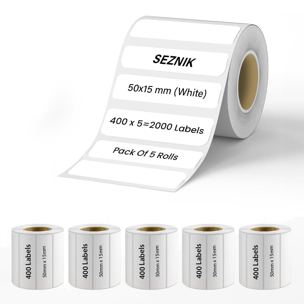 SEZNIK Sticky Thermal Lables, 50mmx15mm Label Roll Paper, 2 inch Self-Adhesive Thermal Paper for Mini Thermal Printer, POS, Receipt Machine (Pack of 5 Rolls), 2000 Labels