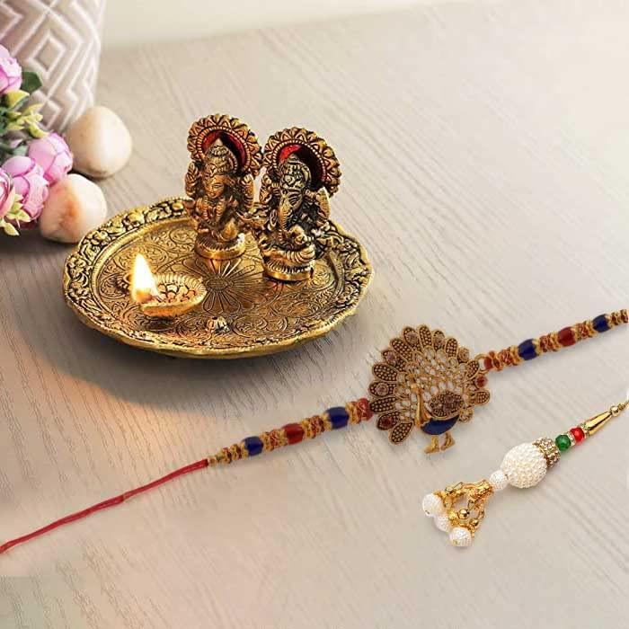 CraftVatika Rakhi with Pooja thali Gift Combo for Brother Bhaiya Sister Lakshmi Ganesh Murti, Puja thali Items