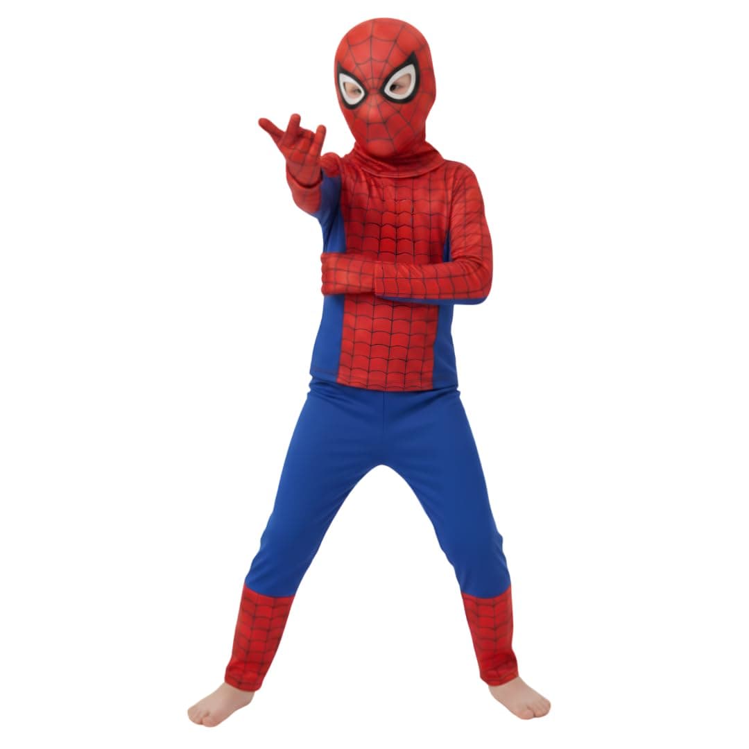 ITSMYCOSTUME Superhero Costume for Kids Boys Girls | 4-Piece Fancy Dress Set with Mask & Gloves | Print Red Blue Suit | Birthday School Party Cosplay | Polyester Stretch Fit | 2–8 Years