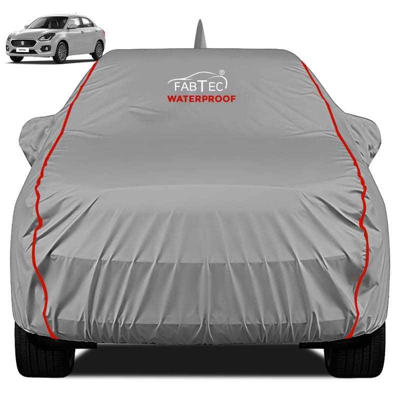 FABTEC Waterproof Premium Car Cover for Maruti Dzire (2017-2024) Super Waterproof Car Body Cover Heavy Duty Durable PEVA Grey with Red Piping