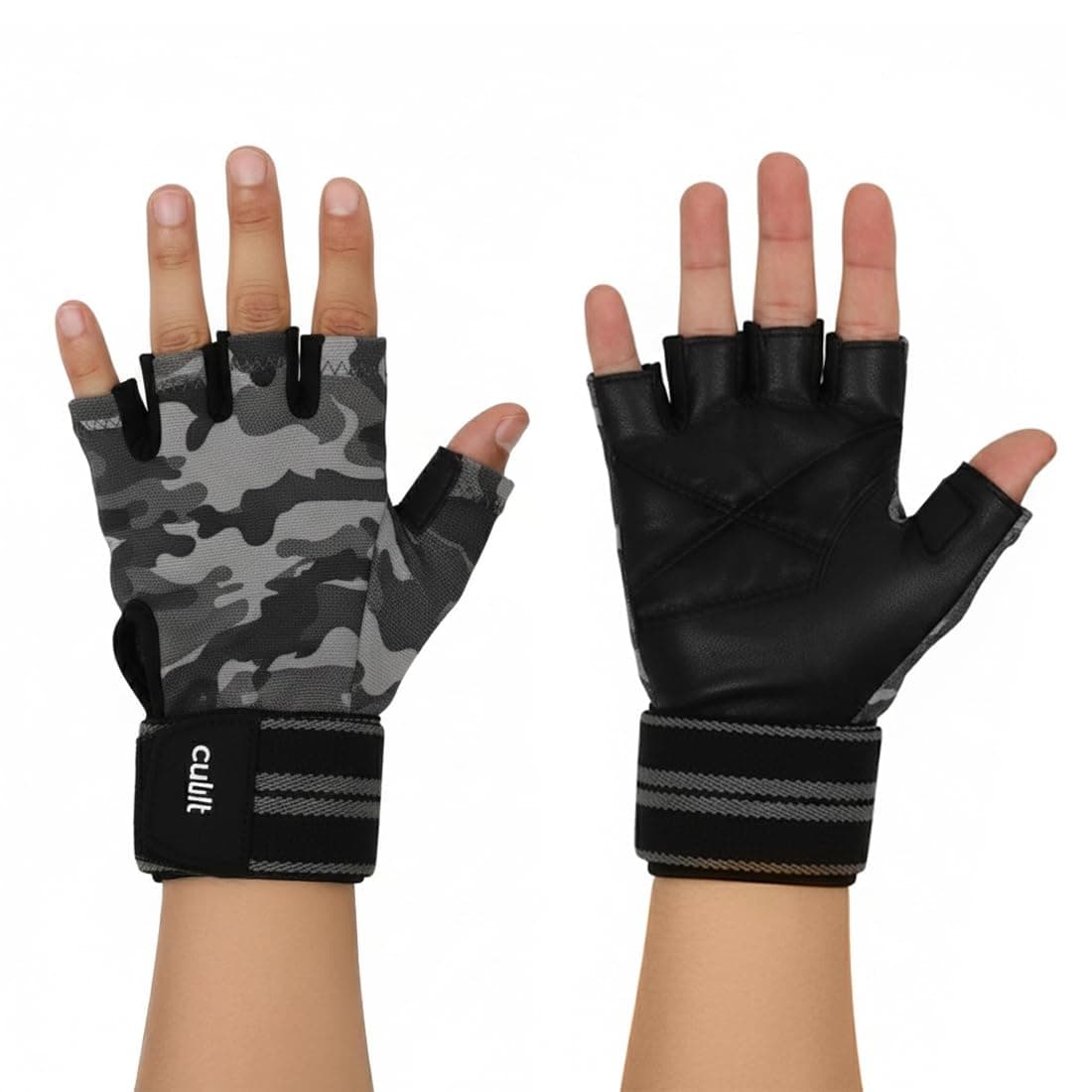 CULT Gym Gloves for Men Workout & Gym Gloves for Woman | Anti-Slip Leather Grip Workout Hand Gloves with Wrist Support for Weightlifting & Fitness Training (Camo)