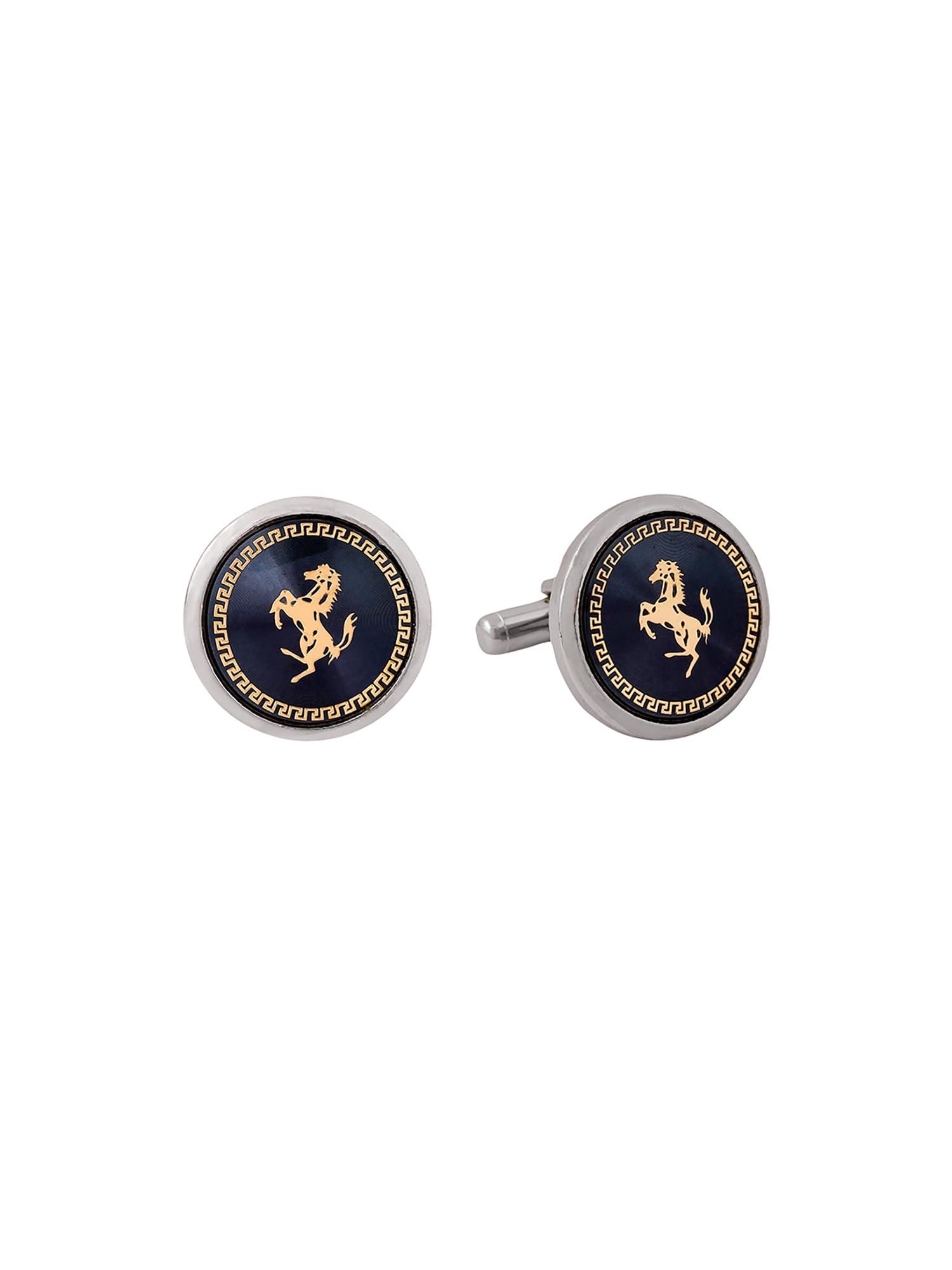 Yellow Chimes Running Horse Stainless Steel Silver Plated Cufflink for Men (Blue)(YCFJCL-050HRSE-BL)