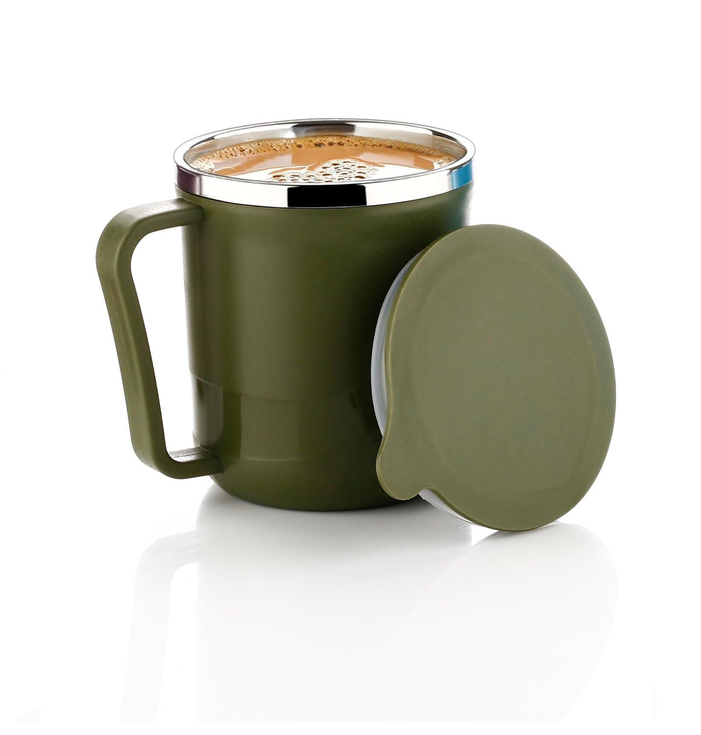 SR Coffee Mug with Lid Insulated Stainless Steel for Tea Milk Mug Inner Stylist Double Wall Cup for Home Office Restaurant Use Gift (Pack of 1) (Green)